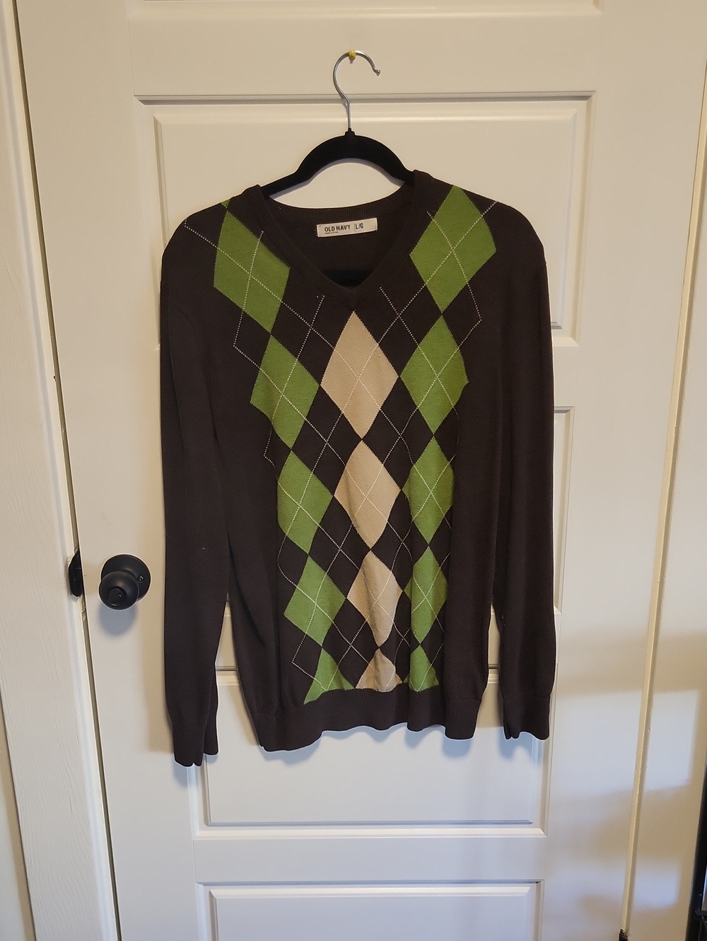 Old Navy Brown V-Neck Sweater with Green and Cream Argyle